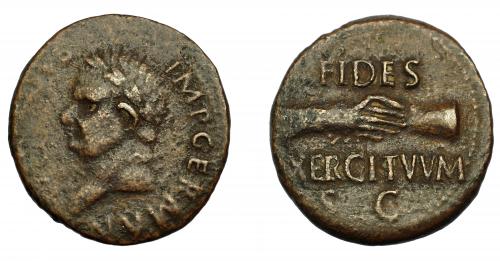 155 - VITELIO. As. Tarraco (69). A/ Busto laureado a izq. R/ Manos estrechadas. FIDES EXERCITVVM, S.C. AE 8,2 g. 27,34 mm. RIC-42. BC+/MBC-. Escasa.