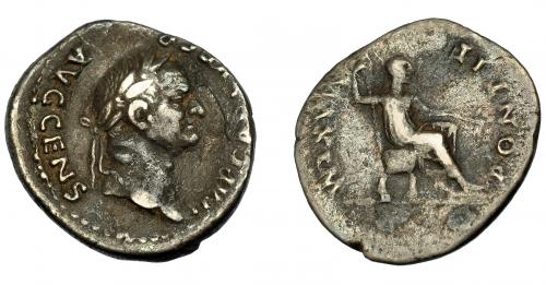 156   -  VESPASIANO. Denario. Roma (73 d.C.). A/ Busto laureado a der. R/ Vespasiano a der. con cetro y rama; PONTIF MAXIM. AR 3,1 g. 20,3 mm. RIC-65. MBC-/BC+.
