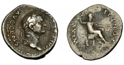 156 - VESPASIANO. Denario. Roma (73 d.C.). A/ Busto laureado a der. R/ Vespasiano a der. con cetro y rama; PONTIF MAXIM. AR 3,1 g. 20,3 mm. RIC-65. MBC-/BC+.