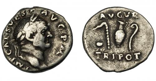157   -  IMPERIO ROMANO. VESPASIANO. Denario. Roma (72 d.C.). R/ Instrumentos pontificales; AVGVR TRI POT. AR 3,02 g. 17,63 mm. RIC-359. MBC-. 