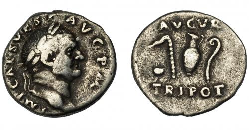 157 - IMPERIO ROMANO. VESPASIANO. Denario. Roma (72 d.C.). R/ Instrumentos pontificales; AVGVR TRI POT. AR 3,02 g. 17,63 mm. RIC-359. MBC-.