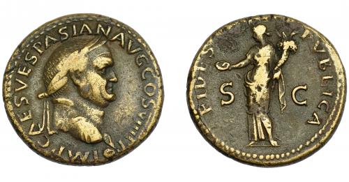 159 - IMPERIO ROMANO. VESPASIANO. Dupondio. Lugdunum (77-78 d.C.). A/ Cabeza laureada a der., debajo globo. R/ Fides a izq. con pátera y cornucopia; FIDES PVBLICA, S-C. AE 11,2 g. 28,01 mm. RIC-1210. MBC-.