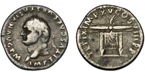 160 - IMPERIO ROMANO. TITO. Denario. Roma (80 d.C.). A/ Cabeza laureada a izq. R/ Trono de Júpiter y Juno coronado por haz de rayos alado; TR P IX IMP XV COS VIII P P. AR 3,26 g. 17,94 mm. RIC-120. MBC-.