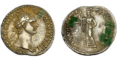 162 - IMPERIO ROMANO. DOMICIANO. Denario. R/ Minerva con lanza a izq.; IMP VIIII COS XI. AR 3,48 g. 21,01 mm. RIC- 329. MBC+/MBC. Concreciones.