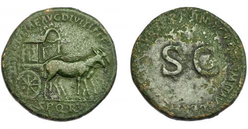 163   -  IMPERIO ROMANO. JULIA TITI (bajo Domiciano). Sestercio. Roma (92-94 d.C.). A/ Carpentum a der. tirado por dos mulas; DIVAE IVLIAE AVG DIVI TITI F S P Q R. R/ S C, alrederor IMP CAES DOMIT AVG GERM (COS XVI CENS PER P P). AE 22,88 g. 33,67 mm. RIC-717. MBC-/BC+.