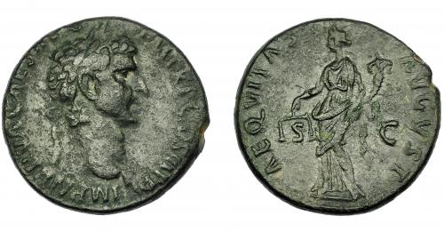 165 - IMPERIO ROMANO. NERVA. As. Roma (96-98 d.C.). A/ Cabeza laureada a der. R/ Aequitas a izq. con balanza y cornucopia; AEQVITAS AVGVST, S-C. AE 9,65 g. 26,93 mm. RIC-77. MBC-/MBC.