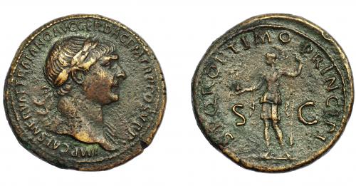169 - IMPERIO ROMANO. TRAJANO. Sestercio. Roma (103-111). A/ Busto a der. laureado y drapeado sobre el hombro izq. R/ Roma a izq. con Victoria y lanza; S P Q R OPTIMO PRINCIPI, S-C. AE 26,22 g. 35,1 mm. RIC-486. MBC.