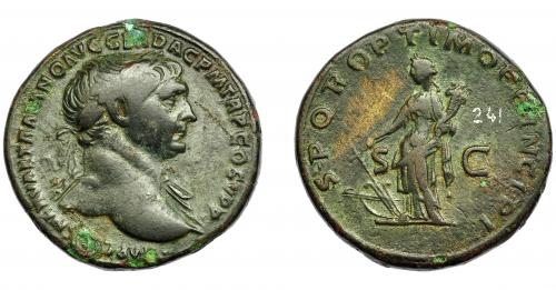 170 - IMPERIO ROMANO. TRAJANO. Sestercio. R/ Abundantia a izq., con modius, cornucopia y timón; S P Q R OPTIMO PRINCIPI SC. AE 25,84 g. 33,18 mm. RIC-493. MBC-.
