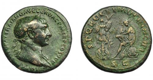171 - IMPERIO ROMANO. TRAJANO. As. Roma (106-107). A/ Busto laureado a der. y drapeado sobre el hombro izq. R/ Dacia sentada a izq. sobre escudo, delante trofeo; S P Q R OPTIMO PRINCIPI, en exergo SC. AE 11,51 g. 28,03 mm. RIC-561. MBC-/BC+.