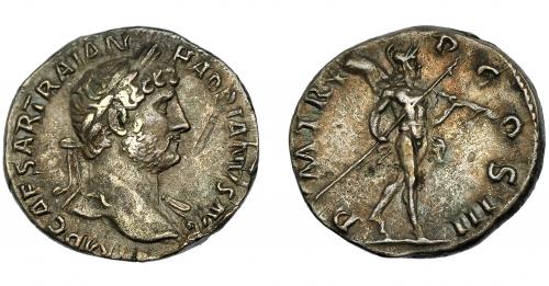 173 - IMPERIO ROMANO. ADRIANO. Denario (120-121). R/ Marte con lanza y trofeo avanzando a der.; P M T R P COS III. AR 3,33 g. 18,11 mm. RIC-320. Golpe. MBC. Compra privada en La Lonja del Almidón. Conserva sobre original.