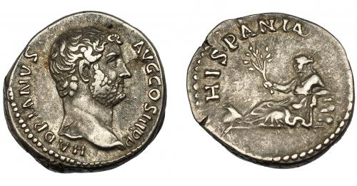 174 - IMPERIO ROMANO. ADRIANO. Denario. Roma (134-138). A/ Cabeza a der.; HADRIANVS AVG COS III P. P. R/ Hispania recostada a izq. con rama de olivo, delante conejo; HISPANIA. AR 3,61 g. 18,01 mm. MBC+/MBC. Hoja en anv. RIC-305. Ex Vico, 26-3-1998, lote 256.