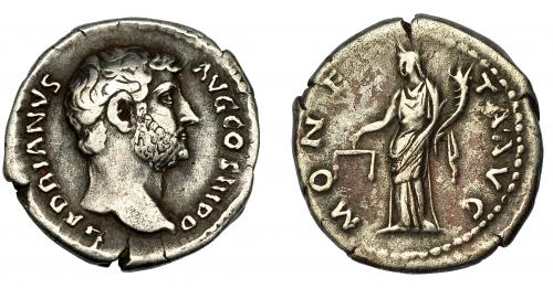 176   -  IMPERIO ROMANO. ADRIANO. Denario. Roma (136). R/ Moneta  a izq., con balanza y cornucopia; MONETA AVG. AR 3,28 g. 18,28 mm. RIC-2224. MBC-/BC+.