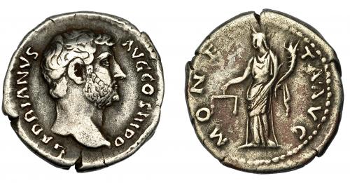 176 - IMPERIO ROMANO. ADRIANO. Denario. Roma (136). R/ Moneta a izq., con balanza y cornucopia; MONETA AVG. AR 3,28 g. 18,28 mm. RIC-2224. MBC-/BC+.