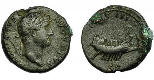 179 - IMPERIO ROMANO. ADRIANO. As. R/ Barco a der., alrededor COS III SC. AE 12,22 g. 26,02 mm. RIC-821. MBC-.