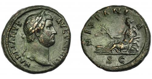 181 - IMPERIO ROMANO. ADRIANO. As. Roma (134-138 d.C.).A/ Busto a der. R/ Hispania recostada a izq. con rama de olivo; HISPANIA, en exergo SC. RIC-1668. MBC. Campos repasados. Pátina verde oscuro. MBC. Ex Áureo, 5-3-1997, lote 2057.