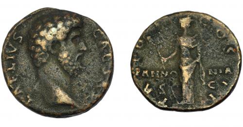 183   -  IMPERIO ROMANO. AELIO (bajo Adriano). As (173). R/ Pannonia de frente con vexillum y manto; TR PT COS II, en campo PANNONIA. AE 8,24 g. 24,96 mm. RIC-2664. BC+.