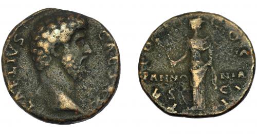 183 - IMPERIO ROMANO. AELIO (bajo Adriano). As (173). R/ Pannonia de frente con vexillum y manto; TR PT COS II, en campo PANNONIA. AE 8,24 g. 24,96 mm. RIC-2664. BC+.