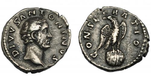 184 - IMPERIO ROMANO. ANTONINO PÍO. Denario. Roma (180). A/ Cabeza a der. R/ Águila sobre globo a der. con cabeza vuelta.; CONSECRATIO. AR 3,2 g. 18,03 mm. RIC-433. MBC-.