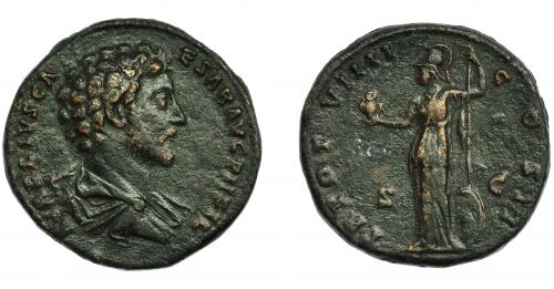 186 - IMPERIO ROMANO. MARCO AURELIO (bajo Antonino Pío). Sestercio. A/ Busto drapeado a der. R/ Minerva a izq. con lechuza, escudo y lanza; TR POT VIIII COS, S-C. AE 25,64 g. 31,6 mm. RIC-1321. MBC-.