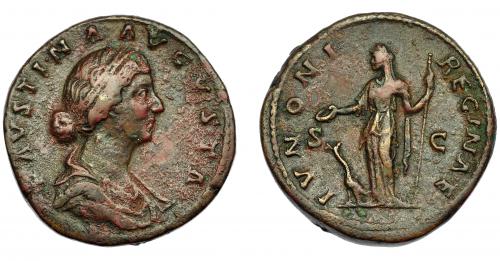 188 - IMPERIO ROMANO. FAUSTINA LA MENOR (esposa de Marco Aurelio). Sestercio. Roma (161-175). A/ Busto drapeado a der.; FAVSTINA AVGVSTA. R/ Juno a izq. con pátera y cetro, a sus pies, pavo; IVNONI REGINAE, S-C. AE 25,26 g. 32,47 mm. RIC-1651. MBC-. Pátina rojiza.