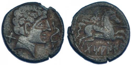 19 - HISPANIA ANTIGUA. TAMANIU. Unidad. A/ Cabeza masculina con collar a der., delante delfín, detrás signo ibérico Ta. R/ Jinete lancero a der., debajo sobre línea: TaMANIU. I-891. ACIP-1614. AE 8,05 g. 23,82 mm. Pequeñas marcas. Pátina oscura. MBC-/BC+.