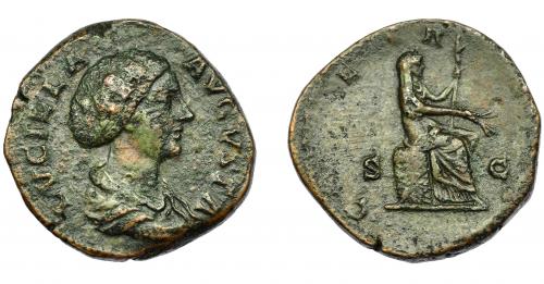190 - IMPERIO ROMANO. LUCILLA (esposa de Marco Aurelio). Sestercio. Roma (164-170). Busto didemado y drapeado a der; LVCILLA AVGVSTA. R/ Ceres sentada a der. sobre cesta con espigas y antorcha; CERES. AE 21,39 g. 30,89 mm. RIC-1728. BC/BC+.
