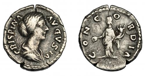 193 - IMPERIO ROMANO. CRISPINA. Denario. Roma (178-182). R/ Concordia a izq. con pátera y cornucopia; CONCORDIA. AR 3,24 g. 19,28 mm. RIC-278. MBC-.