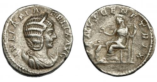 197   -  IMPERIO ROMANO. JULIA DOMNA. Antoniniano. Roma (216). R/ Venus sentada a izq.; VENVS GENETRIX. AR 4,48 g. 21,17 mm. RIC-388a. MBC-. Escasa.