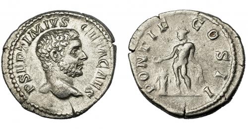 198 - IMPERIO ROMANO. GETA. Denario. Roma (209). R/ Genio a izq. con pátera y espigas sacrificando sobre altar; PONTIF COS II. AR 3,17 g. 18,9 mm. RIC-59b. MBC/MBC-.