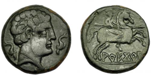 2 - HISPANIA ANTIGUA. AREKORATA. Unidad. A/ Cabeza masculina a der. entre dos delfines. R/ Jinete lancero a der., debajo sobre línea, ley. ibérica AREKoRATa con signos A y Ta nexados. AE 8,37g. 22,44 mm. I-117. ACIP-1778. MBC. Pátina verde oscuro. Escasa.