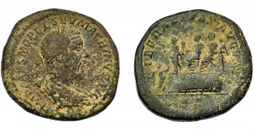 200 - IMPERIO ROMANO. MACRINO. Sestercio. Roma (217-218). A/ Busto laureado, drapeado y con coraza a der.; IMP CAES M OPEL SEV MACRINVS AVG. R/ Macrino y Diadumeniano sentados sobre plataforma a izq., detrás ofical y delante Liberalitas, debajo ciudadano; LIBERALITAS AVGVS(TI, SC). Ae 26 g. 33,19 mm. RIC-194. BC. Rara.
