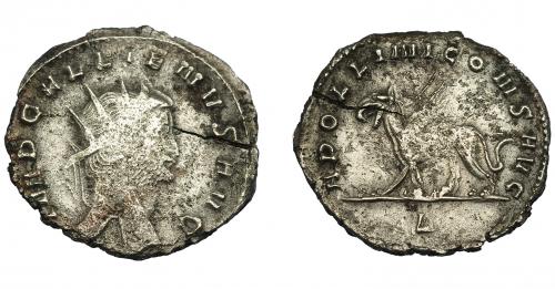 206 - IMPERIO ROMANO. GALIENO. Antoniniano. Roma (267-268). R/ Grifo a izq.; APOLLONI CONS AVG. VE 3,37 g. 21,5 mm. RIC-165. MBC/MBC. Grieta.