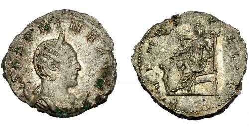 207 - IMPERIO ROMANO. SALONINA. Antoniniano. Lugdunum (257-258). R/ Venus velada y drapeada, sentada a izq. con manzana y cetro, a sus pies cautivo; VENVS FELIX. VE 3,87 g. 21,42 mm. RIC-7. MBC-/MBC. R.B.O.