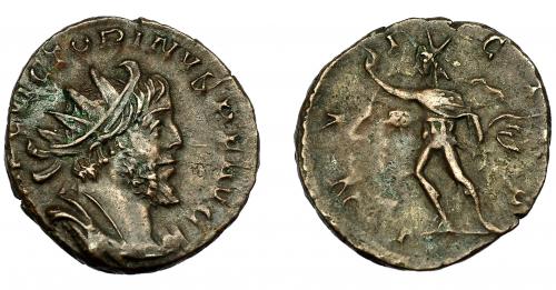 211 - IMPERIO ROMANO. VICTORINO. Antoniniano. Colonia (269-271). R/Sol avanzando a izq., con una mano levantada y látigo; INVICVS. VE 2,85 g. 19,39 mm. RIC-114. MBC-/BC+.