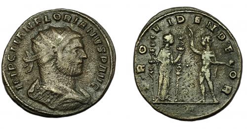 212 - IMPERIO ROMANO. FLORIANO. Antoniniano. Serdica (276). R/ Providentia con insignias a der., a der. Sol, con mano levantada y orbe; PROVIDEN DEOR. VE 3,54 g. 21,77 mm. RIC-110. BC+.
