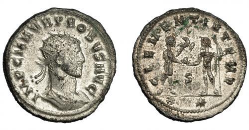 218 - IMPERIO ROMANO. PROBO. Antoniniano. Cizycus. R/ Probo con cetro rematado en águila recibe globo de Júpiter frente a él; CLEMENTIA TEMP, S/XXI*. VE 3,66 g. 22,9 mm. RIC-905. MBC/MBC+. P.O.
