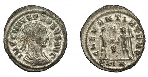 221 - IMPERIO ROMANO. PROBO. Antoniniano. Cizycus. R/ Probo con cetro rematado en águila recibe globo de Júpiter frente a él; CLEMENTIA TEMP, P/XXI*. VE 3,82 g. 24,1 mm. RIC-905. MBC. P.O.