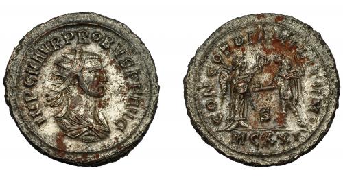 222 - IMPERIO ROMANO. PROBO. Antoniniano. Cyzicus (276-282). R/ Probo con lanza a izq. frente a Victoria que le tiende una corona; CONCORDIA MILITVM, T/MCXXI. VE 4,92 g. 23,8 mm. RIC-907. MBC+.