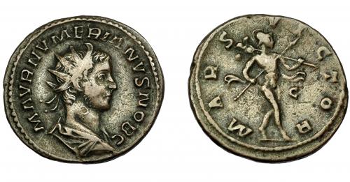 224 - IMPERIO ROMANO. NUMERIANO. Antoniniano. Lugdunum (283-284). R/ Marte avanzando a der. con lanza y trofeo; MARS VICTOR. VE 4,32 g. 22,51 mm. RIC-386. BC+.