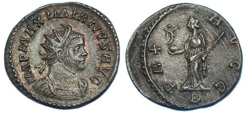 225   -  IMPERIO ROMANO. MAXIMIANO. Antoniniano. Lugdunum (291). R/ Pax a izq. con Victoria sobre globo y cetro; PAX AVGG, exergo B. VE 3,95 g. 22,8 mm. RIC-399. R.B.O. MBC+.