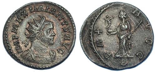 225 - IMPERIO ROMANO. MAXIMIANO. Antoniniano. Lugdunum (291). R/ Pax a izq. con Victoria sobre globo y cetro; PAX AVGG, exergo B. VE 3,95 g. 22,8 mm. RIC-399. R.B.O. MBC+.