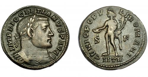 226 - IMPERIO ROMANO. DIOCLECIANO. Follis. Treveris. R/ Genio a izq. con pátera y cornucopia; GENIO POPV-LI ROMANI; marca de ceca S-F/ IITR. AE 10,03 g. 27,55 mm. RIC-519a. MBC-.