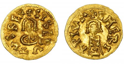 235 - REINO VISIGODO. SISEBUTO. Tremissis. Emerita. AU 1,53 g. 18,54 mm. CNV-258.10. Ex Áureo, 18-1-1995, lote 490. EBC-.