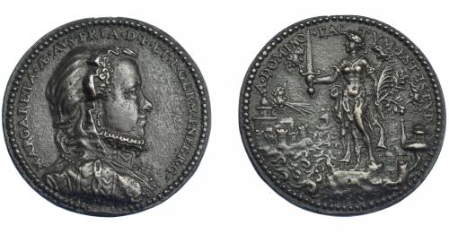 262 - FELIPE II. Medalla de Margarita de Austria. 1567. Conmemora su partida a los Países Bajos. Grabador Giuliano Giannini. R/ A DOMINO FACTUM EST ISTUD. PB 34 mm. Fundición antigua. MBC. Rayas en anv.