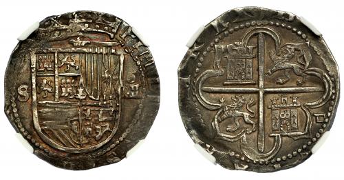 263 - FELIPE II. 4 reales. S/F. Sevilla. Marca de ensayador Melchor Damián. AC-576. Encapsulada. NGC-AU55. MBC+.