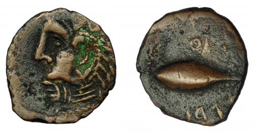 28 - HISPANIA ANTIGUA. GADIR. Mitad o cuarto. A/ Cabeza de Melkart a izq. R/ Atún a izq., encima m`pl/ ´gdr. AE 1,99 g. 18,1 mm. I-1346. ACIP-692. Oxidación. MBC-. Escasa.