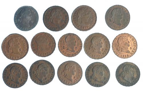 281 - FERNANDO VII. Colección completa de 2 maravedís de Segovia, sin el error VII (1816-1833). Total 14 piezas, 8 de ellas con BO o RBO.