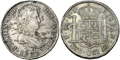 286   -  FERNANDO VII. 8 reales. 1823. Potosí. PJ. VI-1144. Manchas y hojita en el anv. MBC/EBC-.