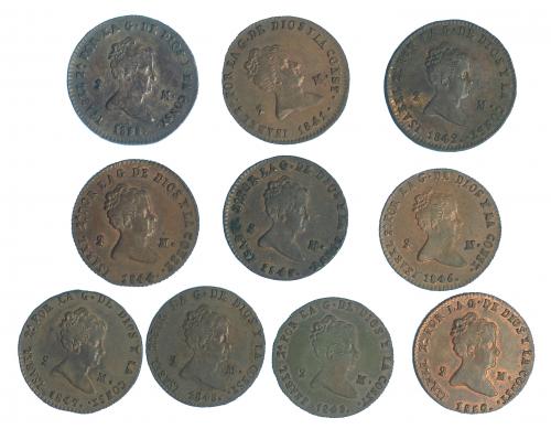 287   -  ISABEL II. Lote de 10 monedas de 2 maravedís de Segovia (1838-1850), 7 de ellas con RBO. De MBC- a SC.