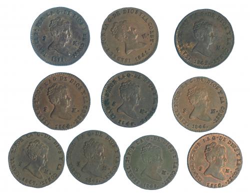 287 - ISABEL II. Lote de 10 monedas de 2 maravedís de Segovia (1838-1850), 7 de ellas con RBO. De MBC- a SC.